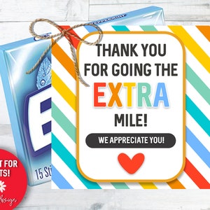 Merci pour un kilomètre supplémentaire, merci mignon, étiquette imprimable Extra Gum, étiquette d'appréciation, deux tailles 4 x 6, 8,5 x 11, fichier numérique, téléchargement immédiat