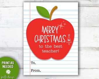 Merry Christmas Teacher | Printable Gift Tag | Teacher Apple | TWO SIZES 4x6, 8.5x11 | Digital File