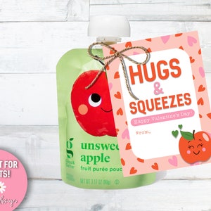 Hugs and Squeezes, Valentine Printable, Valentines Tag, Class Treat, Preschool, Classroom, Squeeze Pouch, Applesauce, Cute Printable, Tag
