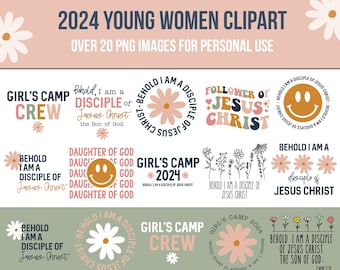 Puede incluir: Un conjunto de 20 imágenes de clipart digital que presentan varios diseños con un tema cristiano. Los diseños incluyen frases como "He aquí, yo soy un discípulo de Jesucristo", "Seguidor de Jesucristo" y "Equipo del campamento de chicas". Las imágenes están en una paleta de colores pastel con acentos de rosa, azul, verde y amarillo.