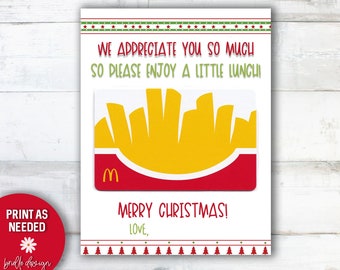 Christmas Lunch, Gift Card, Teacher, Friend, Coworker, Neighbor Gifts, McDonalds, Chick fil A Printable, TWO SIZES 4x6, 8.5x11, Digital File