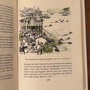 May include: A black and white illustration from a book showing a ship and people disembarking onto a shore. The drawing depicts figures, horses, and a boat in the water. Text on the page includes a quote and a description of the scene.