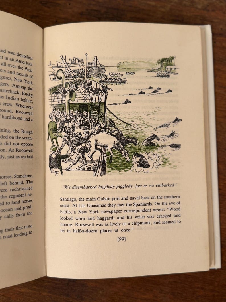 May include: A black and white illustration from a book showing a ship and people disembarking onto a shore. The drawing depicts figures, horses, and a boat in the water. Text on the page includes a quote and a description of the scene.