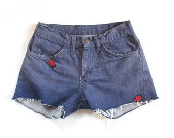 Vintage 1970s Denim Shorts | Ladybug Patched 1970s Cut Off Denim Shorts | size xs - small