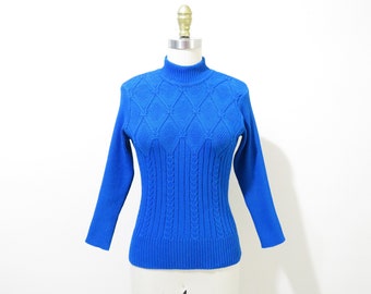 Vintage 1970s Sweater | Bright Blue Cable Knit 1970s 60s Turtleneck Sweater | size small - medium