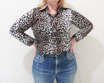 Vintage 1970s Leopard Print Shirt | Stretch Knit 1970s Leopard Print Blouse | size small - medium