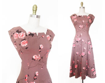 Vintage 1950s Dress | Rose Print Pink and Brown 1950s Floral Dress | size small