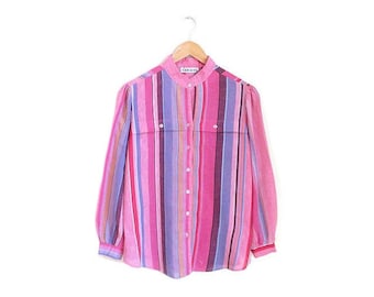 Vintage 1970s Gauzy Cotton Blouse | Bold Colorblocked 70s 80s Striped Blouse | size medium