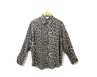 VTG 80s gold button up long sleeve button up shirt leopard Maggy London 14 silk safari animal print