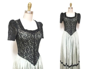 Vintage 1940s Gown | Sage Green and Black Lace 1940s Party Dress | size xs - small