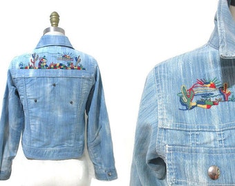 Vintage 1970s Embroidered Jacket | Ombre Denim 1970s Jean Jacket | size xs - small
