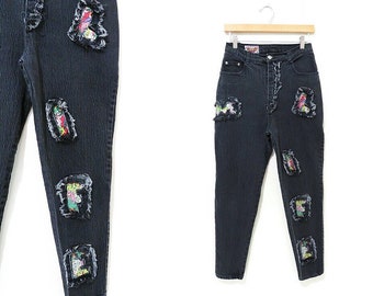 Vintage 80s Stretch Jeans | Floral Patchwork LOVE LIFE Cut Out 80s High Rise Jeans | waist 27 - 28 | size small