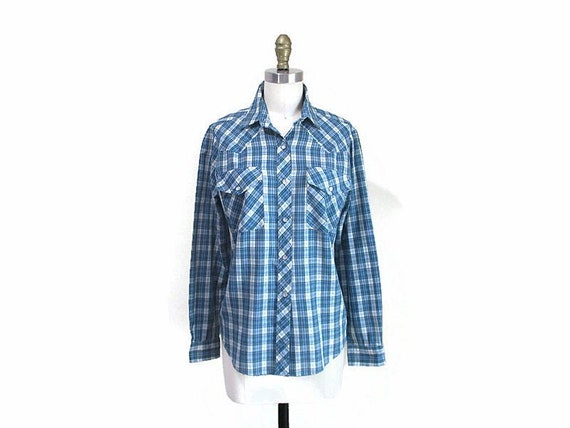 Vintage 1970s Western Shirt | Blue and Green 1970… - image 1