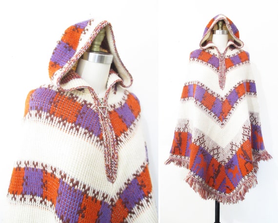 Vintage 1970s Poncho | Wool Knit 1960s 70s Knit Ca