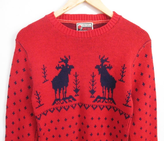 Vintage 1940s Sweater | Red Reindeer Print 1940s … - image 2