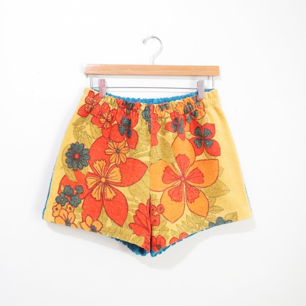 Reworked Vintage 1960s 70s Towel Shorts | Mod Floral Print 1960s 70s Terry Cloth Shorts | size small - medium