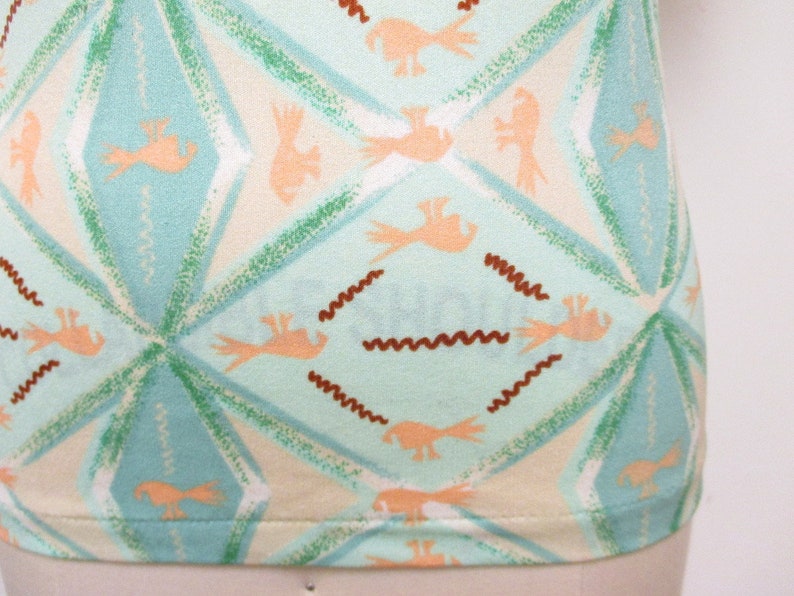 Vintage 1970s Bird Print Top Mint Green and Peach 1970s Novelty Print Shirt size small image 4