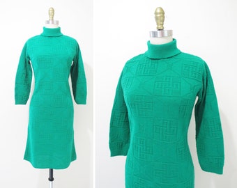 Vintage 1960s Sweater Dress | Mod Kelly Green Knit 1960s 70s Sweater Dress | size medium