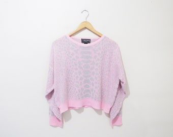 Vintage 80s Sweater | Pink and Gray Leopard Print 80s Cropped Sweater | size medium