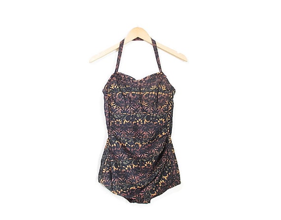 Vintage 1950s Swimsuit | Batik Floral Print 1950s