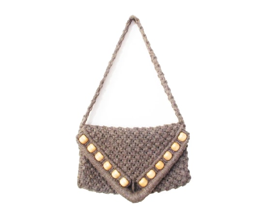 Vintage 1970s Macrame Bag | Brown Macrame and Wood