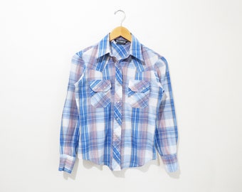 Vintage 1970s Western Shirt | Blue and Brown 1970s Plaid Shirt | women's size small