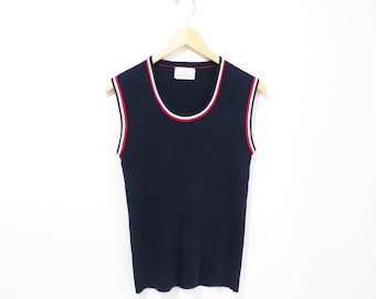 Vintage 1970s Knit Top | Navy Red and White 1970s Tank Top | size medium - large