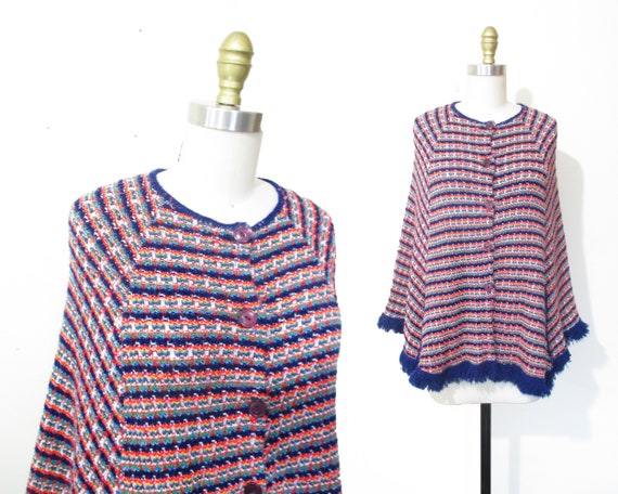 Vintage 1960s Cape | Rainbow Knit 1960s 70s Poncho