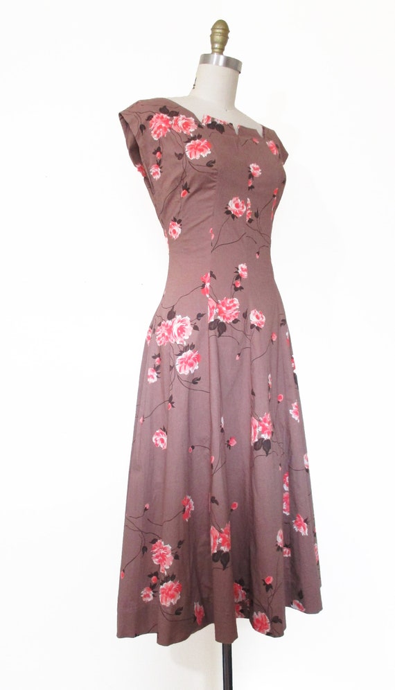 Vintage 1950s Dress | Rose Print Pink and Brown 1… - image 3