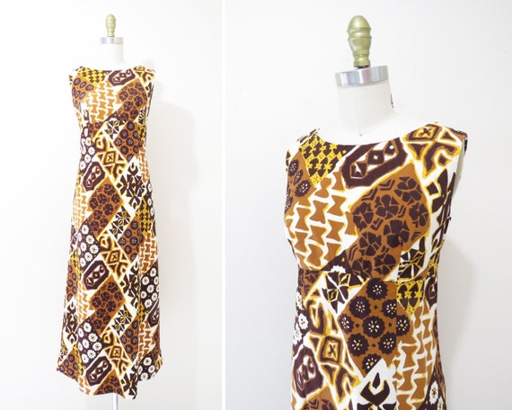 Vintage 1960s Maxi Dress | Mod Tiki Batik Print 1… - image 1