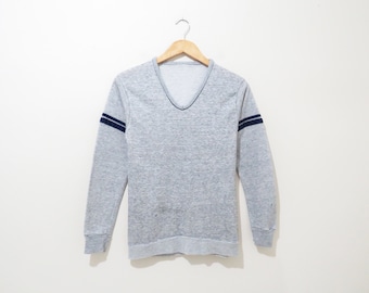 Vintage 1970s Sweatshirt | Heathered Gray and Navy 1970s Striped Sweatshirt | unisex size xs - small