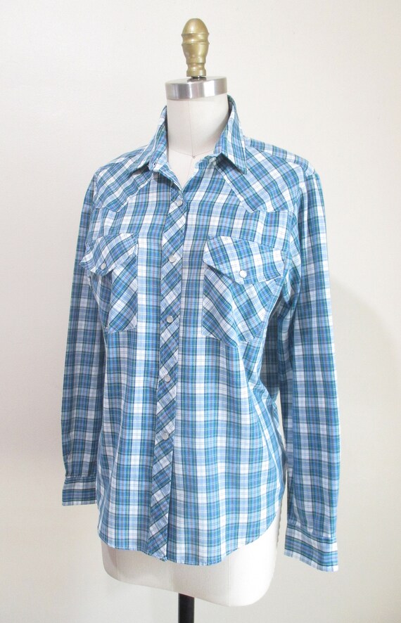 Vintage 1970s Western Shirt | Blue and Green 1970… - image 2