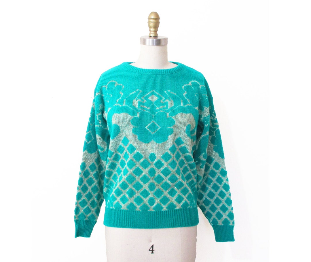 Vintage 80s Sweater Gold and Teal 80s Metallic Sweater Size Small ...