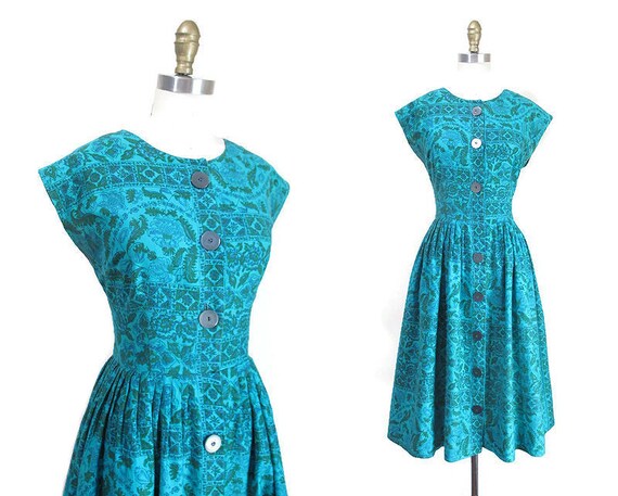 Vintage 1950s Dress | Paisley Print 1950s 60s Cott