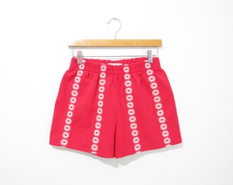 Vintage upcycled korte broek | Vintage jaren 1940 50 Rode Bloemen Tafelkleed Shorts | maat klein - medium