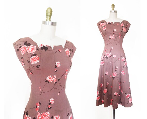 Vintage 1950s Dress | Rose Print Pink and Brown 1… - image 1