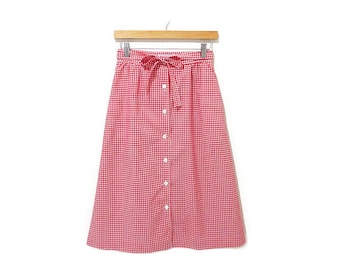 Vintage 1970s Gingham Skirt | Red and White Checkered 1970s Button Down Skirt | size small