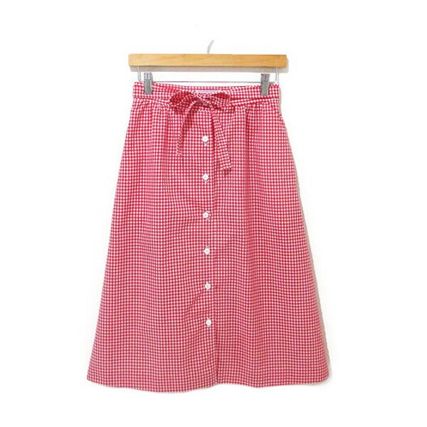 Vintage 1970s Gingham Skirt | Red and White Checkered 1970s Button Down Skirt | size small