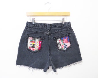 Vintage Black Denim Shorts | Reworked Patchwork Pockets 80s 90s Denim Cut Off Shorts | size small - medium
