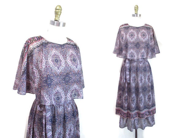 Vintage 1970s Dress | Sheer Floral 1970s Boho Mid… - image 1