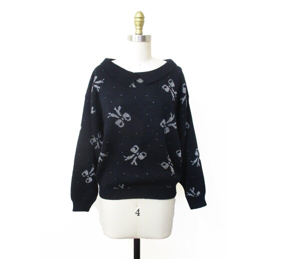 Vintage 80s Sweater Silver Bow Print 
