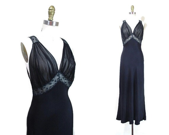Vintage 1940s Black Nightgown | Black Rayon and La