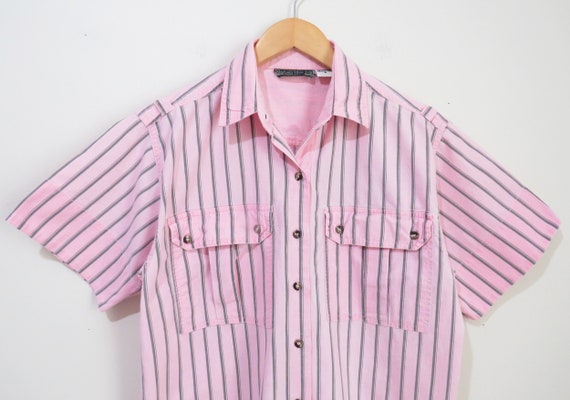 Vintage 80s Shirt | Pink and Black 80s Striped Sh… - image 2