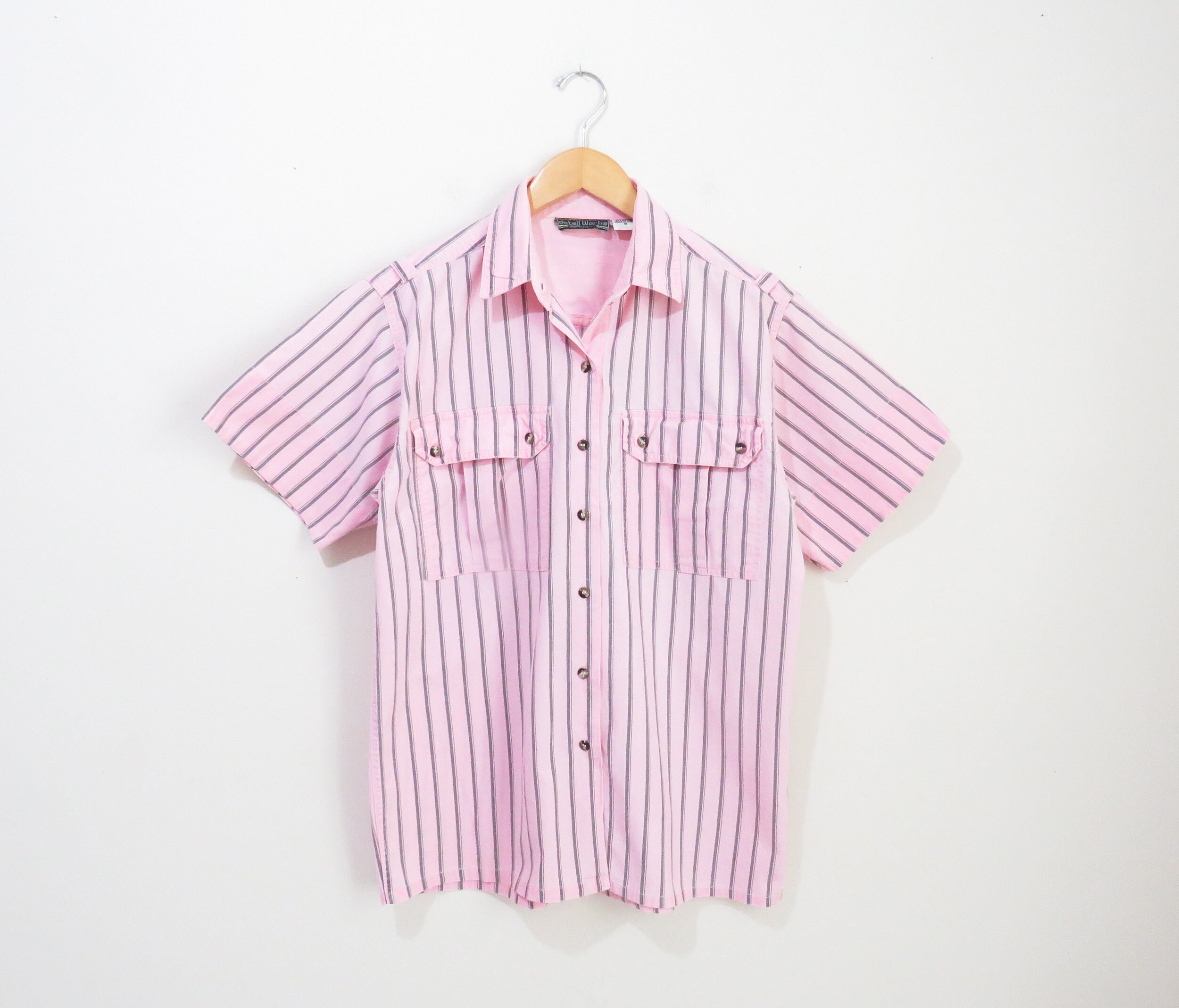 Vintage 80s Shirt | Pink and Black 80s Striped Shirt | size medium