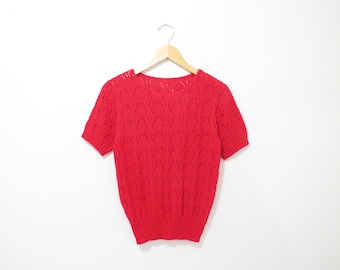 Vintage 80s Crochet Sweater | Cherry Red Short Sleeved 80s Sweater | size medium