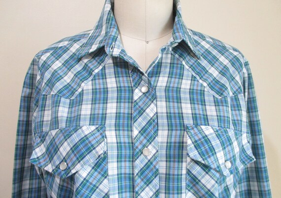 Vintage 1970s Western Shirt | Blue and Green 1970… - image 3