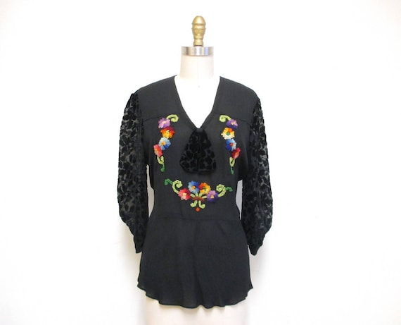 Vintage 1930s Blouse | Black Burnout Velvet 1930s