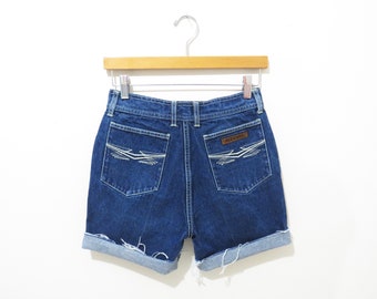 Vintage 80s Cutoff Jean Shorts | Alessio Dark Wash Mint Green Topstitched 80s Denim Shorts | waist 26