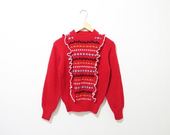 Vintage 1970s Sweater | Red Ruffled 1970s 80s Sweater | size small - medium