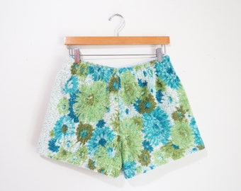 Reworked Vintage 1960s 70s Towel Shorts | Mod Floral Print 1960s 70s Terry Cloth Shorts | size small - medium